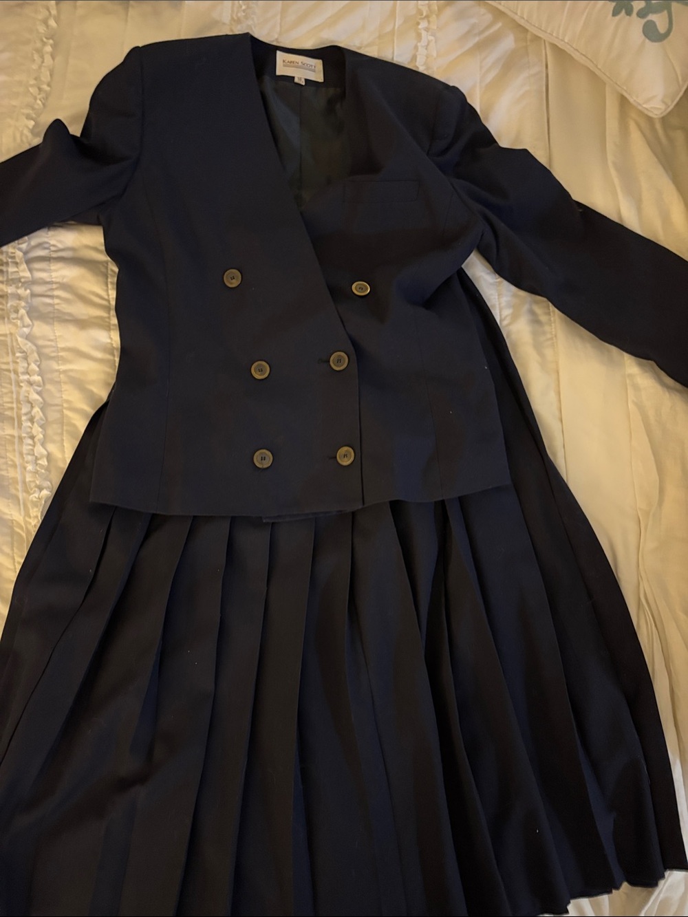 Vintage Karen Scott Navy Double-Breasted Blazer and Pleated Skirt Set